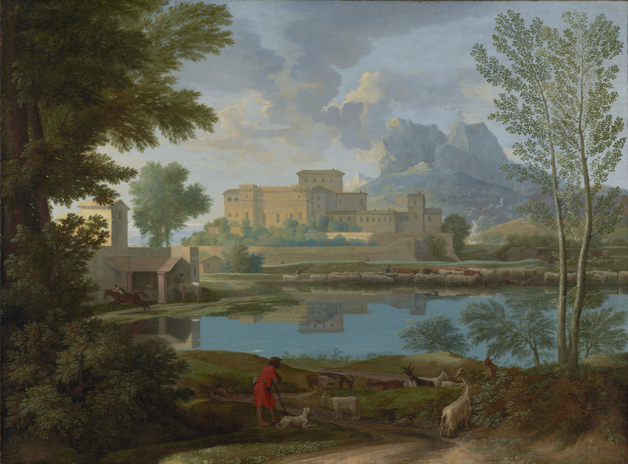 Nicolas Poussin — Landscape with a Calm | Fine Art Print shown to scale on a wall above a sofa