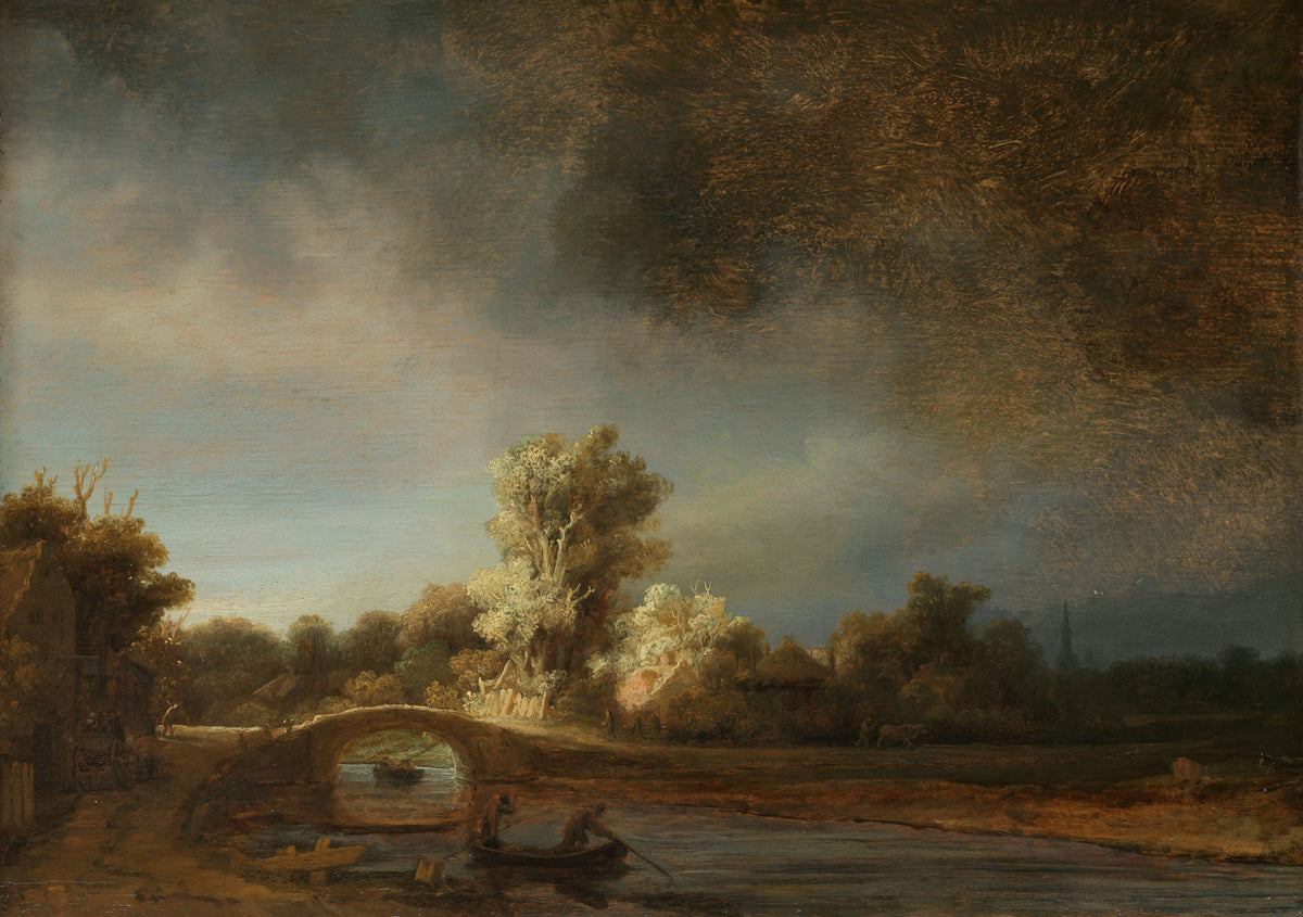 Landscape with a Stone Bridge by Rembrandt van Rijn — Sunlight breaks through storm clouds onto a stone bridge and river