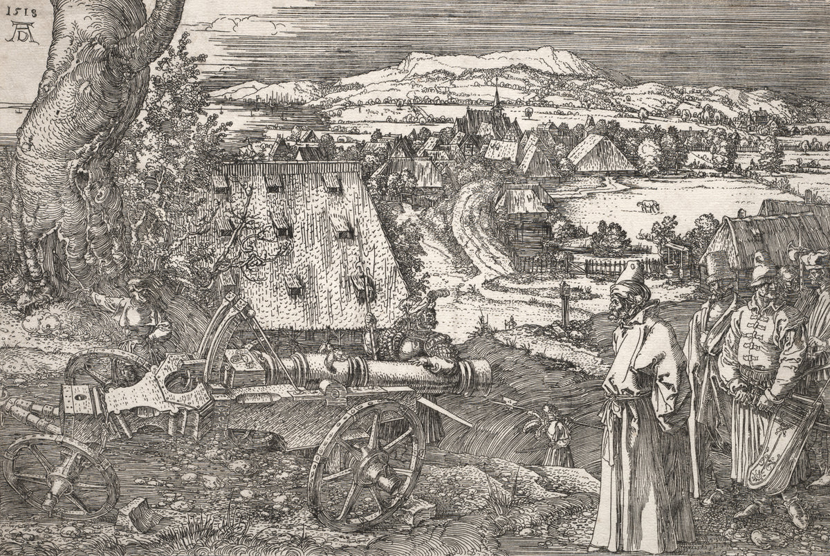 Landscape with the Cannon by Albrecht Dürer — A great cannon before a village, watched by a group of men