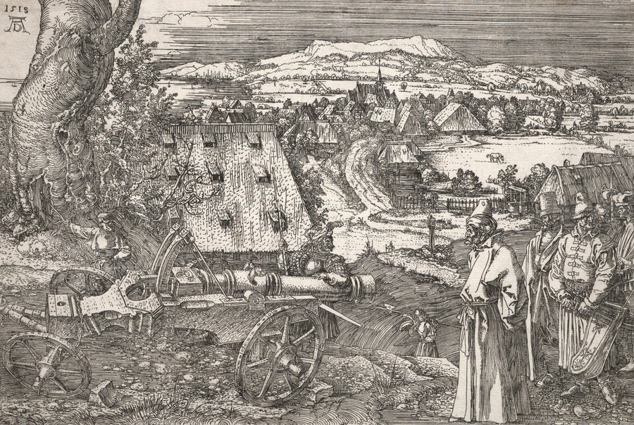 Albrecht Dürer — Landscape with the Cannon | Etching Print shown to scale on a wall above a sofa
