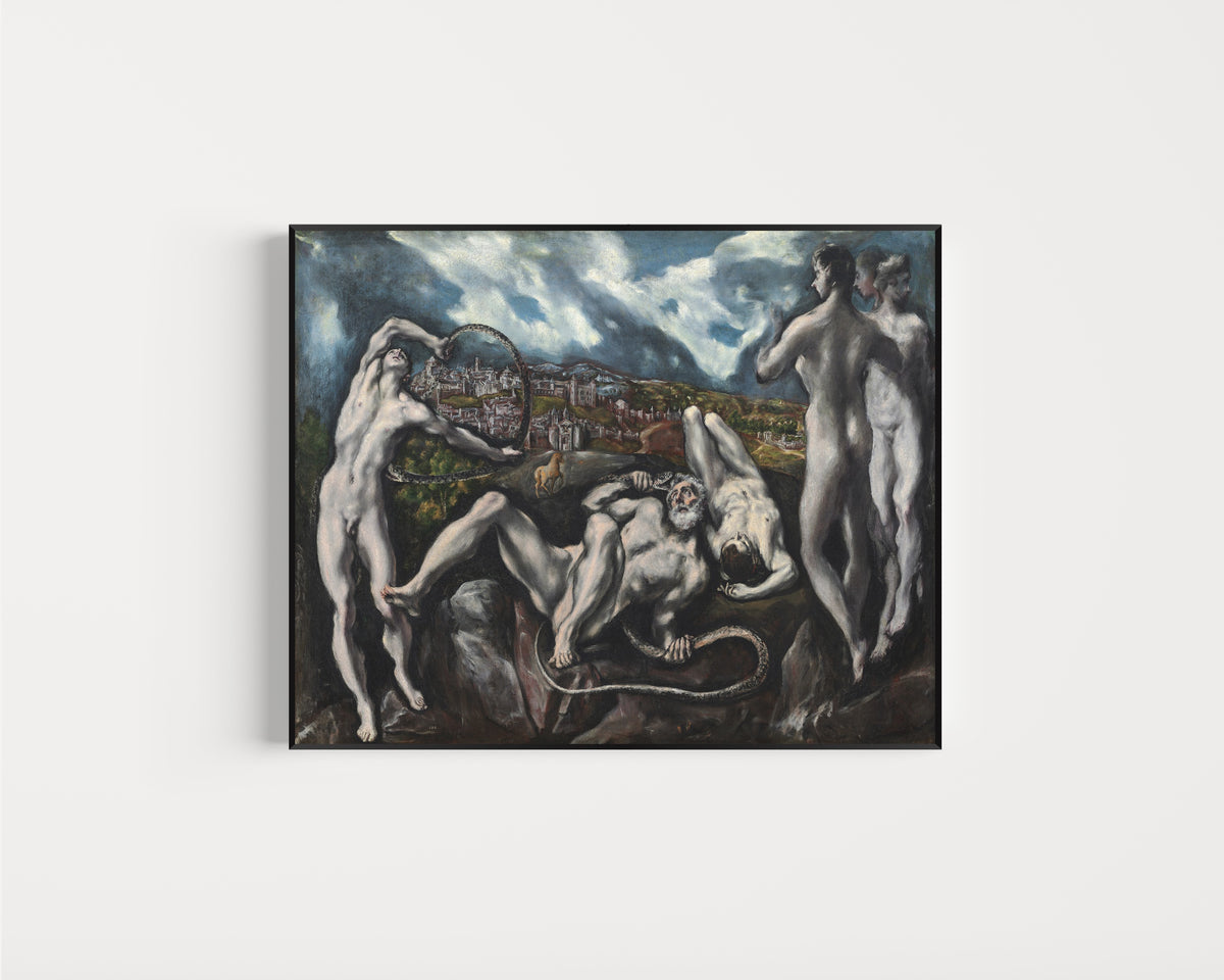 Framed art print of Laocoön by El Greco, in a slim black frame on a plain white wall