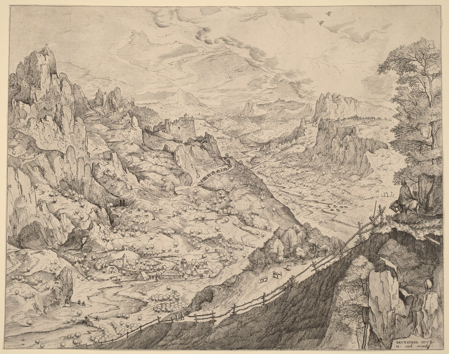 Pieter Bruegel the Elder — Large Alpine Landscape | Etching Print shown to scale on a wall above a sofa