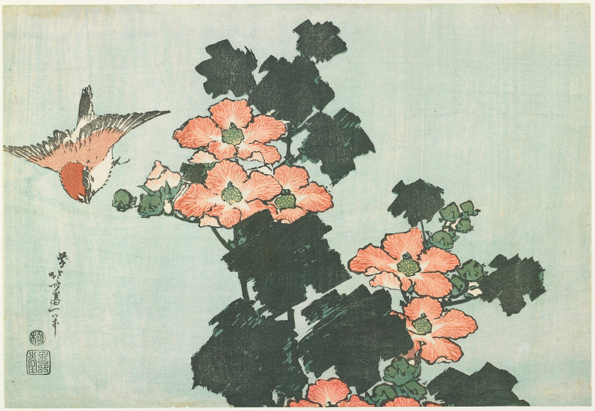 Katsushika Hokusai — Large Flowers: Hibiscus and Sparrow | Japanese Woodblock Print (Ukiyo-e)