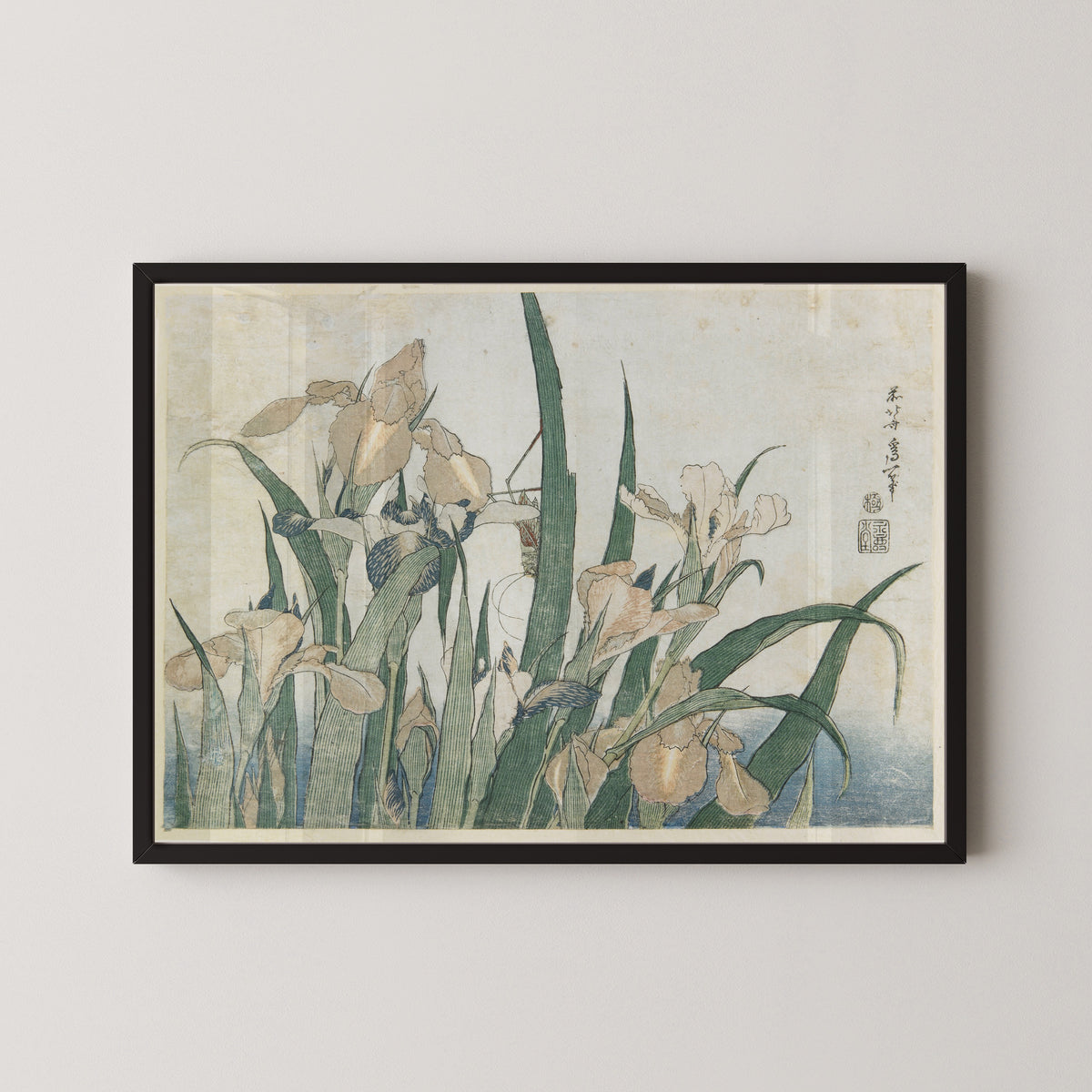 Katsushika Hokusai — Large Flowers: Irises and Grasshopper | Japanese Woodblock Print (Ukiyo-e)