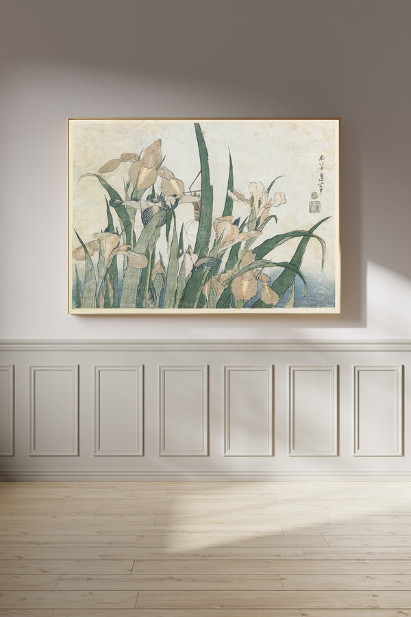 Katsushika Hokusai — Large Flowers: Irises and Grasshopper | Japanese Woodblock Print (Ukiyo-e)