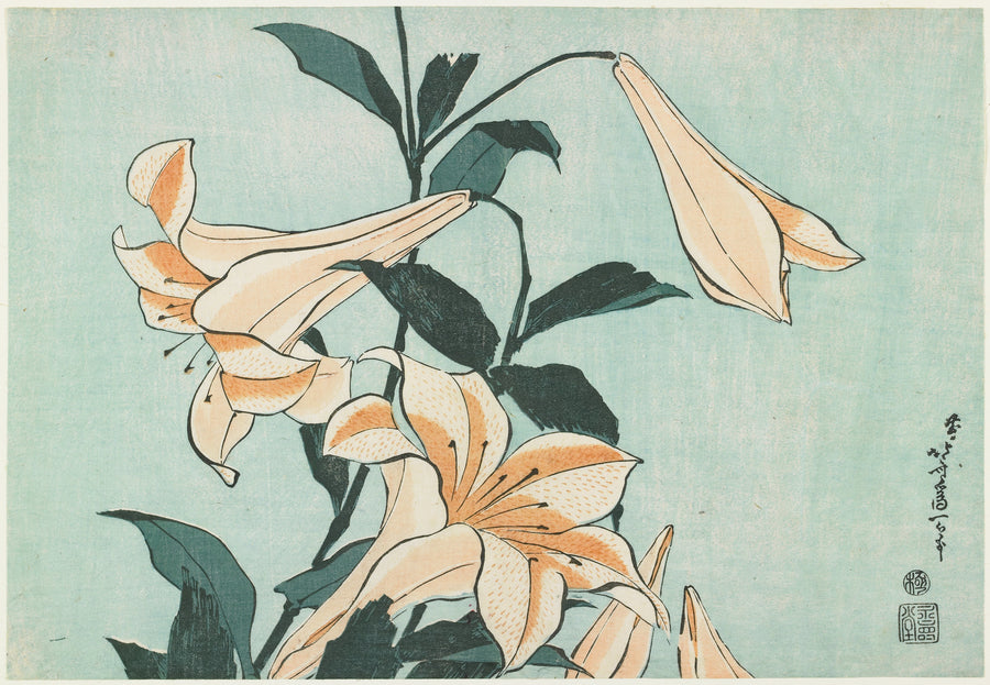 Katsushika Hokusai — Large Flowers: Lilies | Japanese Woodblock Print (Ukiyo-e) shown to scale on a wall above a sofa