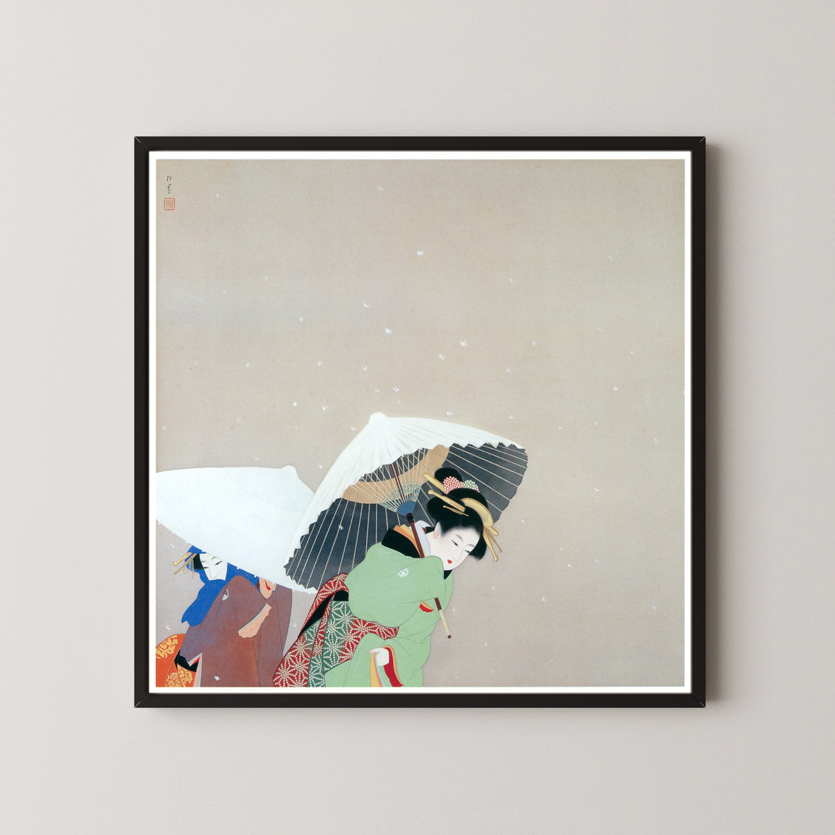 Large Snowflakes by Uemura Shōen — shown framed on a wall