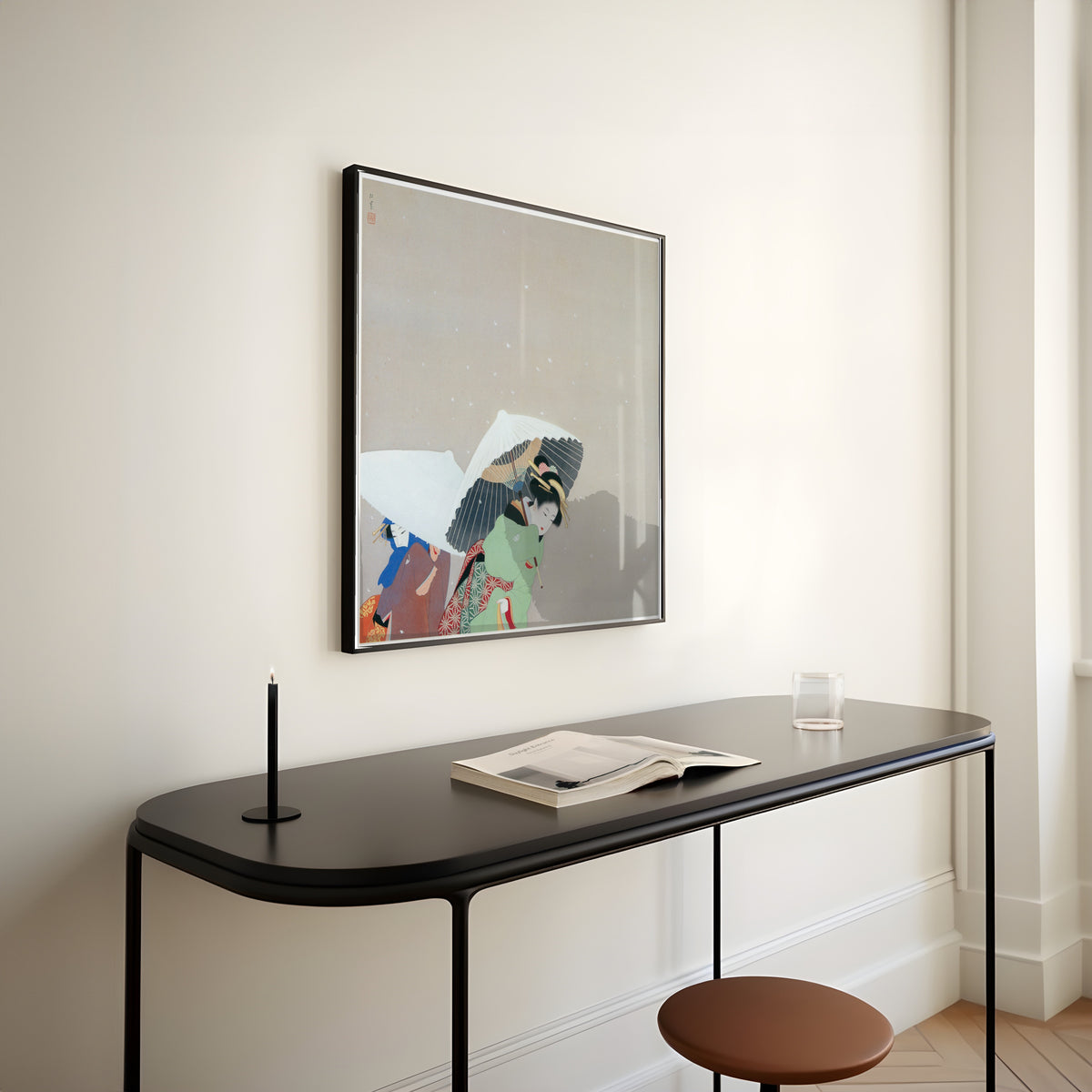 Large Snowflakes by Uemura Shōen — shown framed on a wall