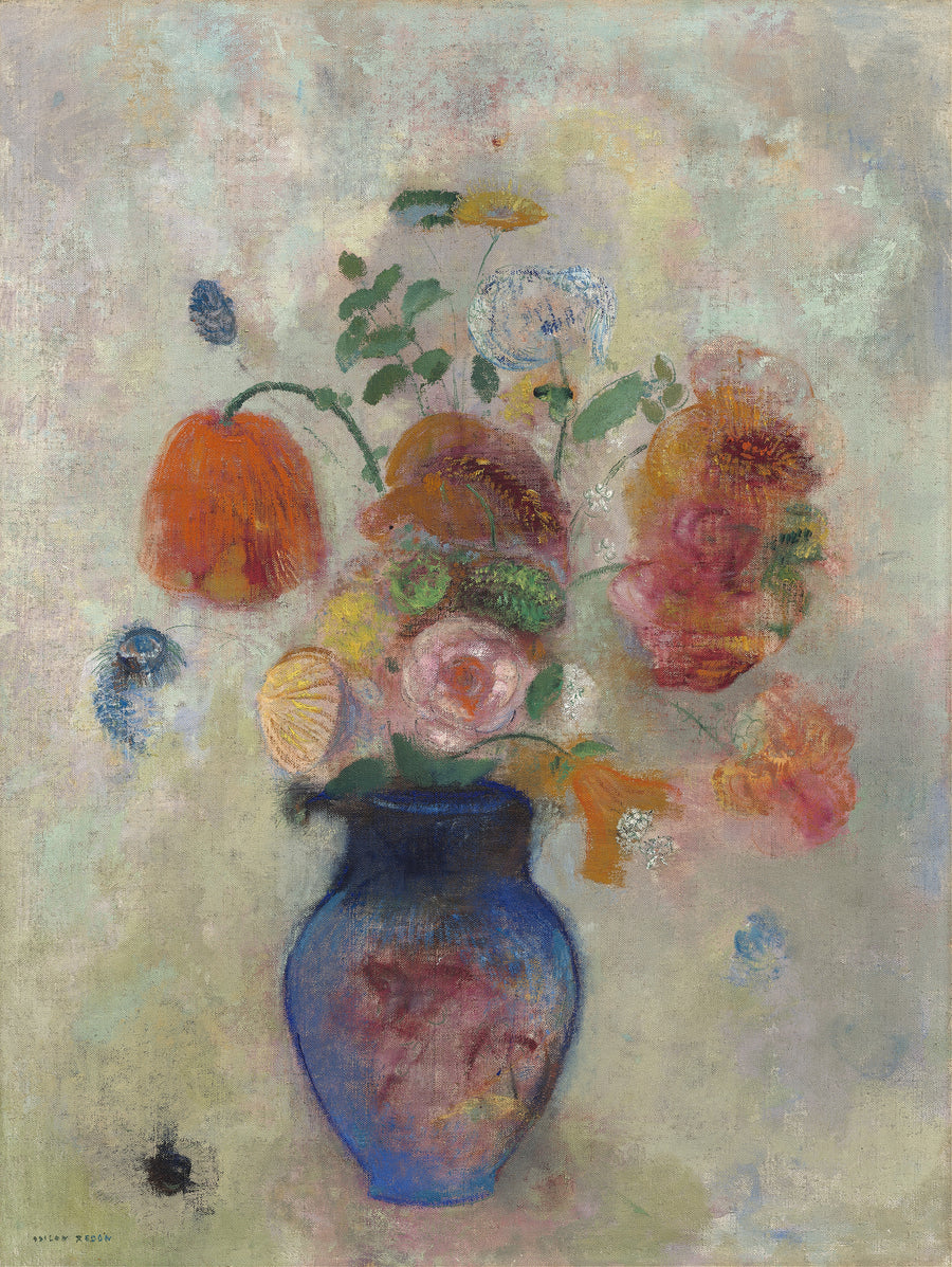 Odilon Redon — Large Vase with Flowers (Blue Vase) | Symbolist Art Print shown to scale on a wall above a sofa
