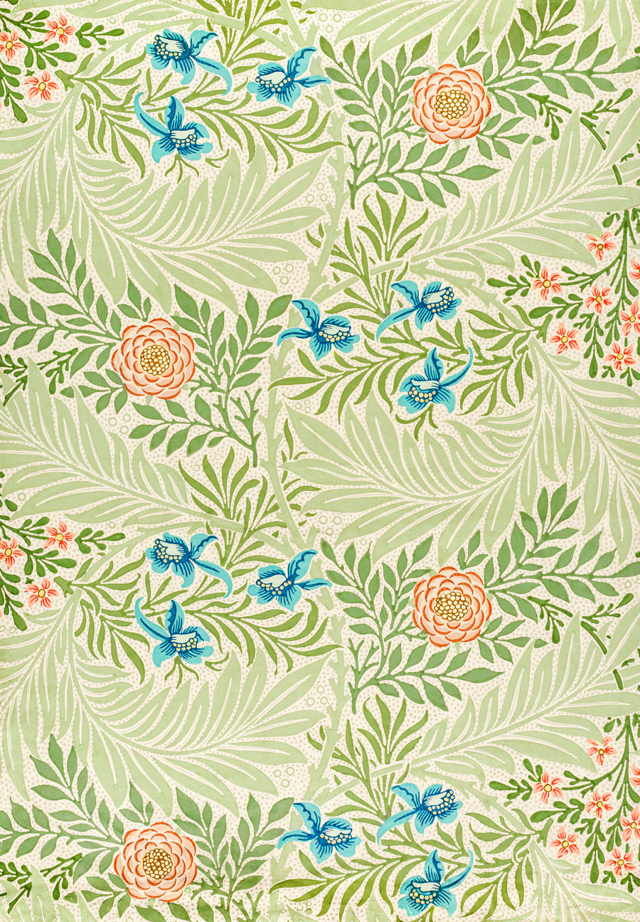 William Morris — Larkspur | Botanical Art Print shown to scale on a wall above a sofa