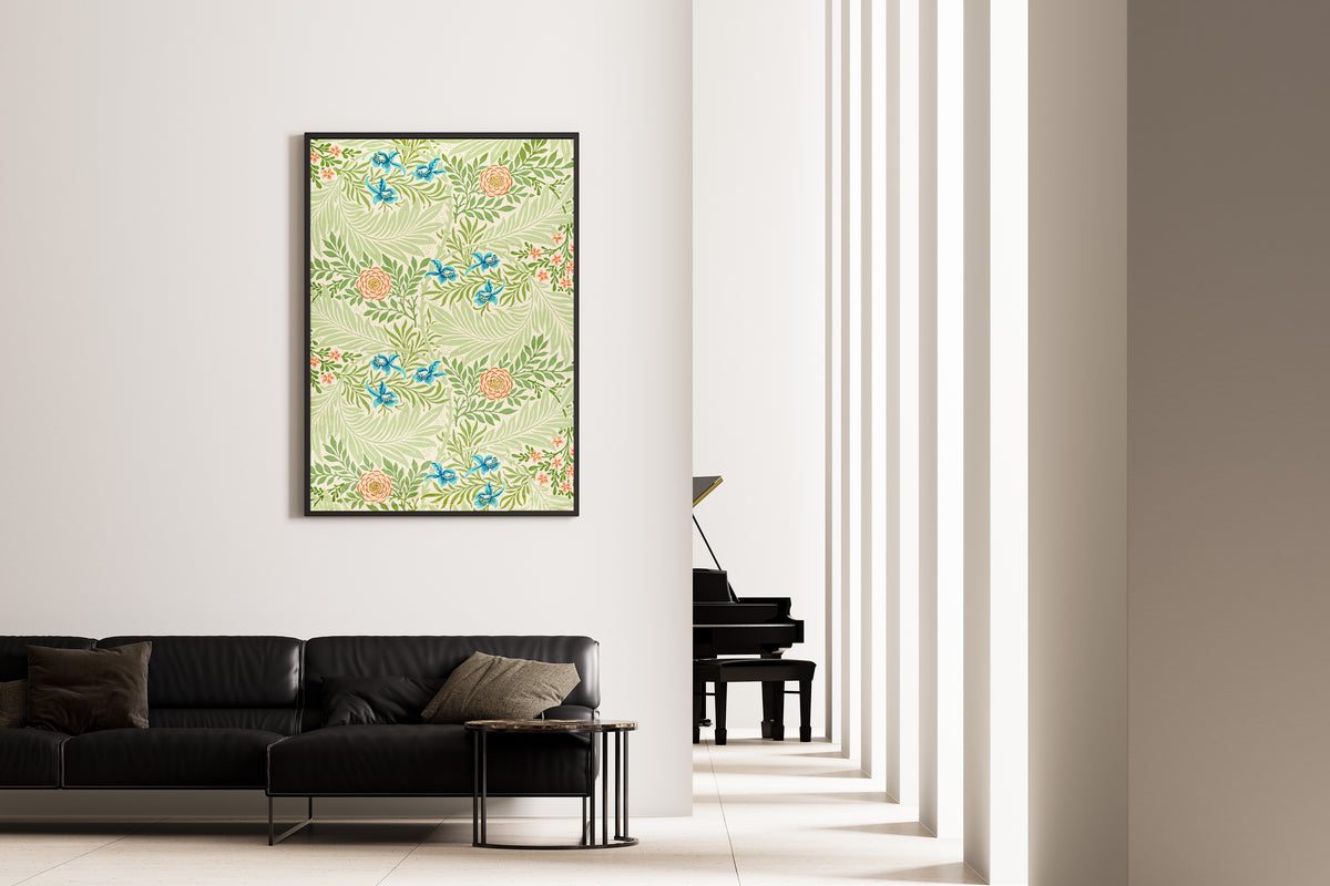Framed art print of Larkspur by William Morris, on the wall of a minimal living room