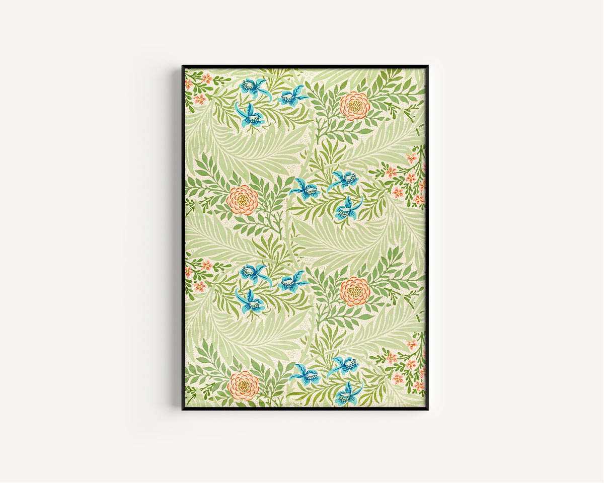 Framed art print of Larkspur by William Morris, in a slim black frame on a plain white wall