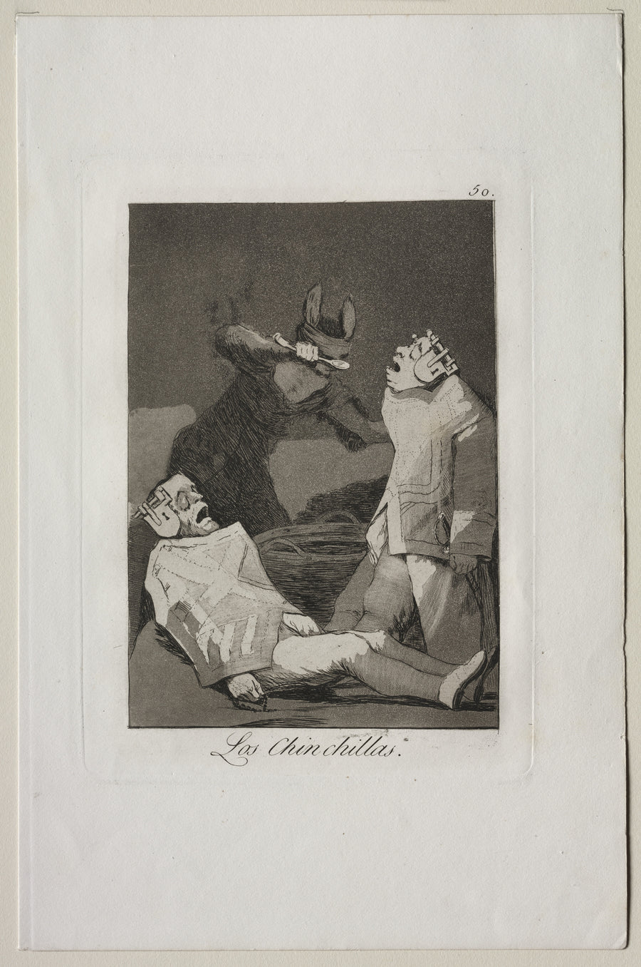 Francisco de Goya — Las Chinchillas, Los Caprichos, Plate 50 | Etching Print shown to scale on a wall above a sofa