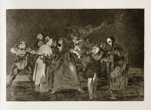 Las exhortaciones (The Exhortations), from Los Disparates by Francisco de Goya — A gaunt man lectures a bowed figure while a crowd drags at them