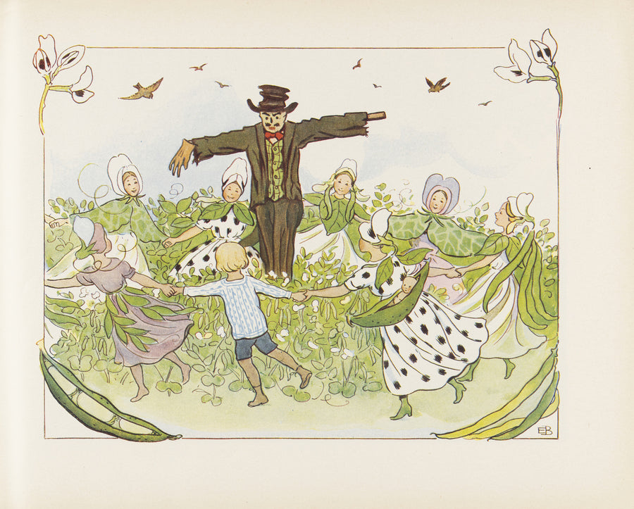 Elsa Beskow — Lasse in the Ring Dance round the Scarecrow | Book Illustration Print shown to scale on a wall above a sofa