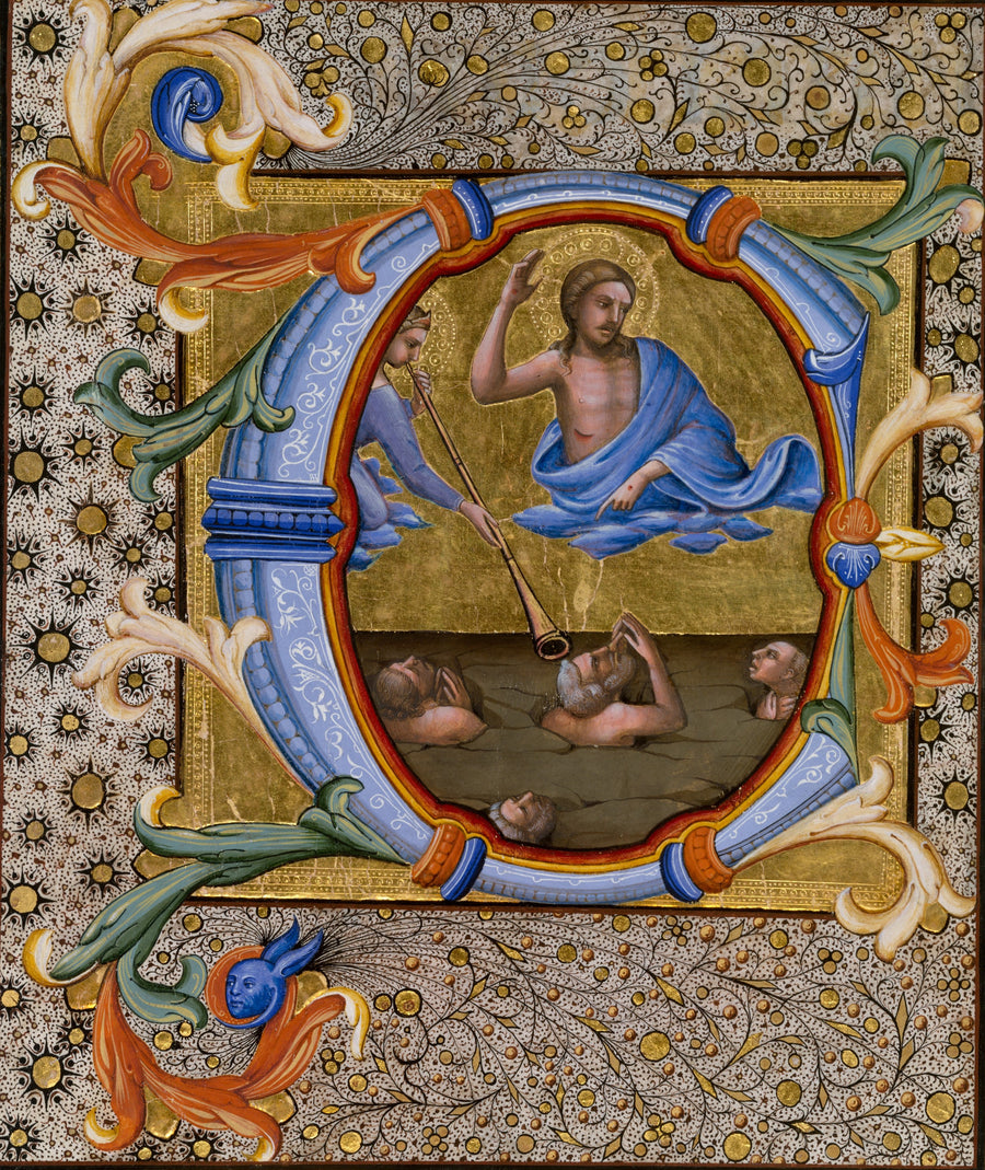 Lorenzo Monaco — Last Judgment in an Initial C | Illuminated Initial Print shown to scale on a wall above a sofa