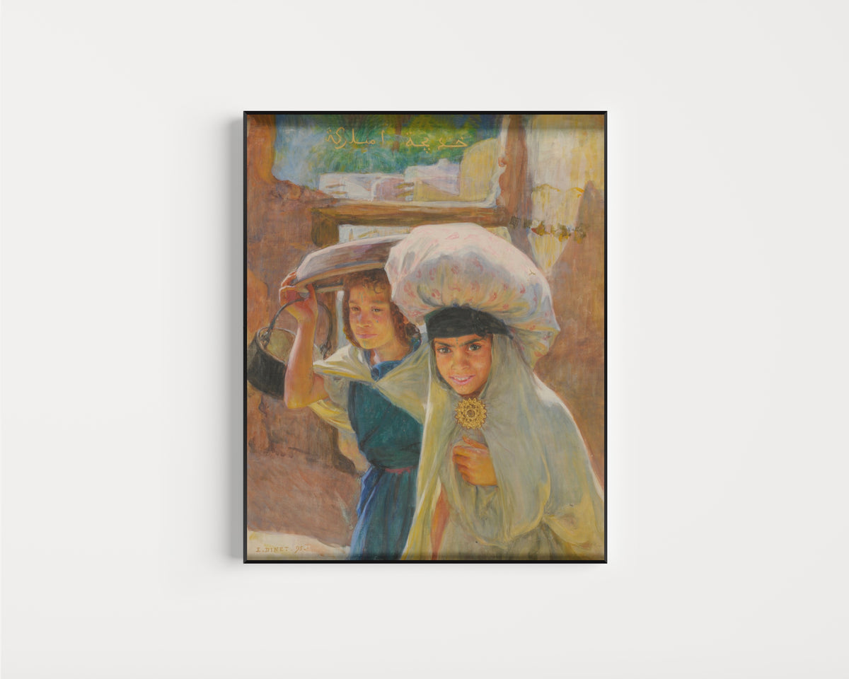 Framed art print of Laveuses by Étienne Dinet, in a slim black frame on a plain white wall