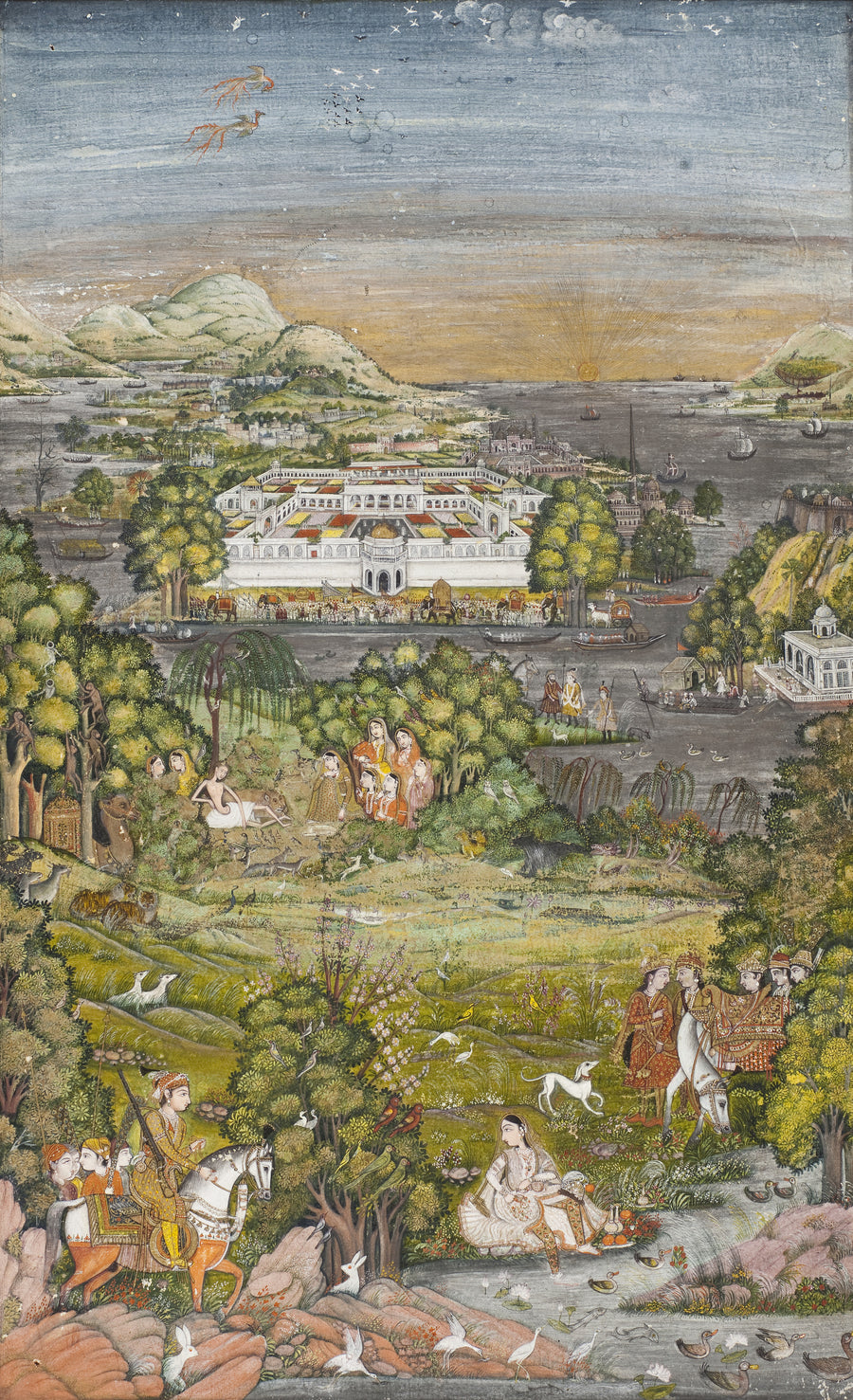 Layla and Majnun, and Khusraw and Shirin | Mughal Painting Art Print shown to scale on a wall above a sofa