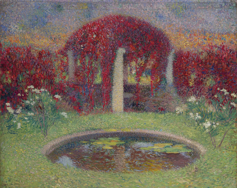 Henri Martin — Le Bassin et la tonnelle | Pointillist Landscape Print shown to scale on a wall above a sofa