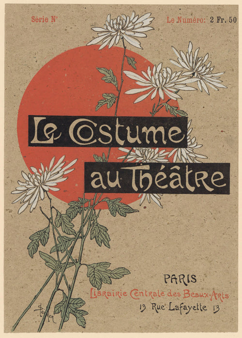 Le Costume au Théâtre by Théophile Steinlen — White chrysanthemums cross a red sun on speckled kraft paper
