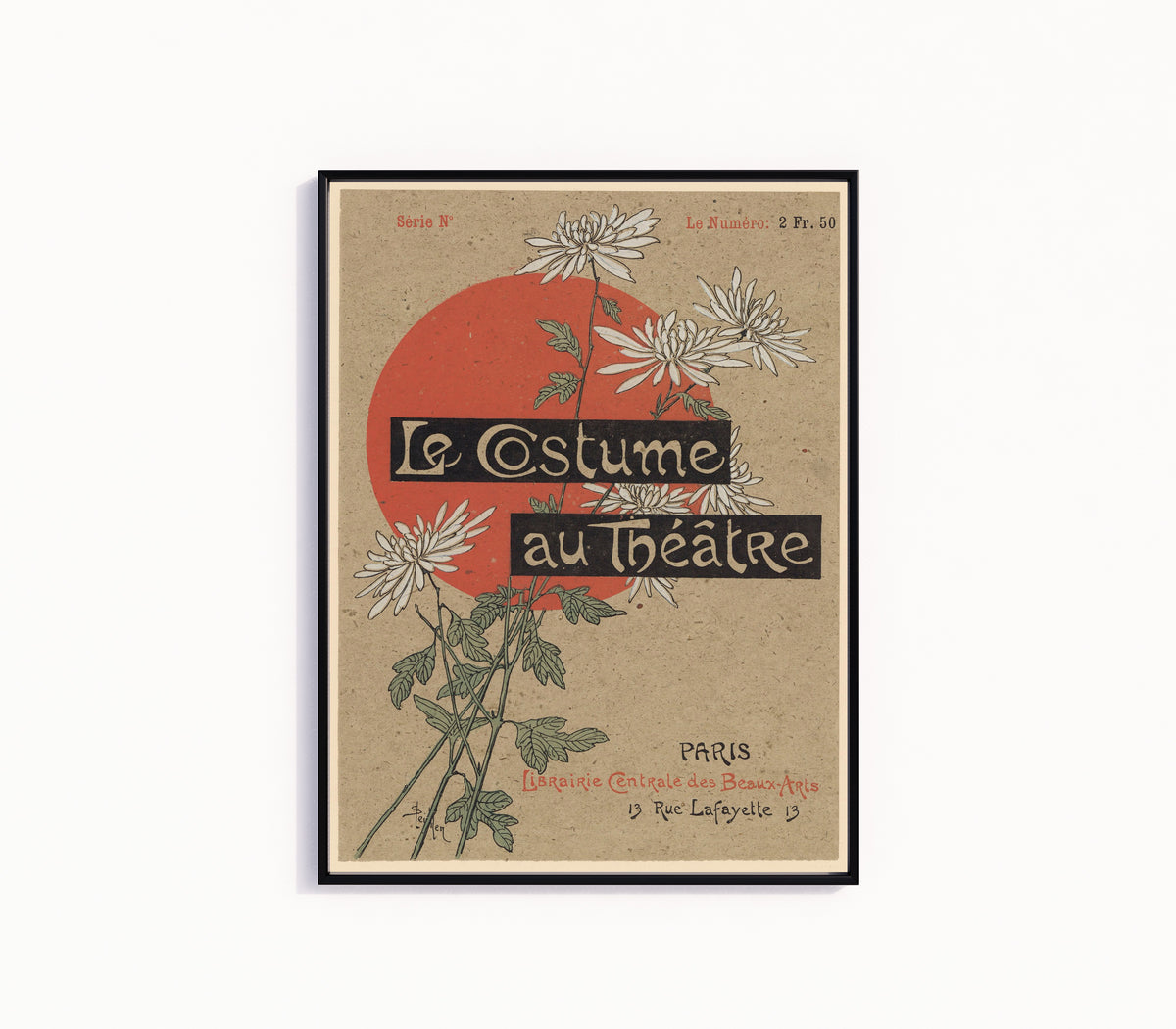 Framed art print of Le Costume au Théâtre by Théophile Steinlen, in a slim black frame on a plain white wall