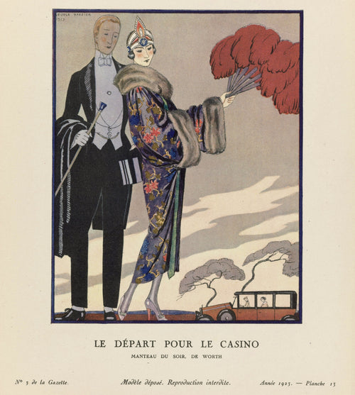 George Barbier — Le Départ pour le casino, manteau du soir de Worth | Art Deco Fashion Print