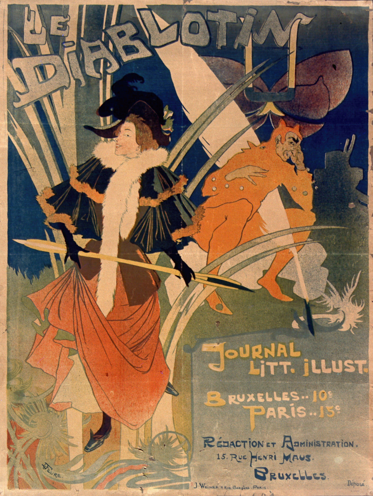 Le Diablotin by Georges de Feure — A woman in a fur-trimmed cape and a leering orange devil