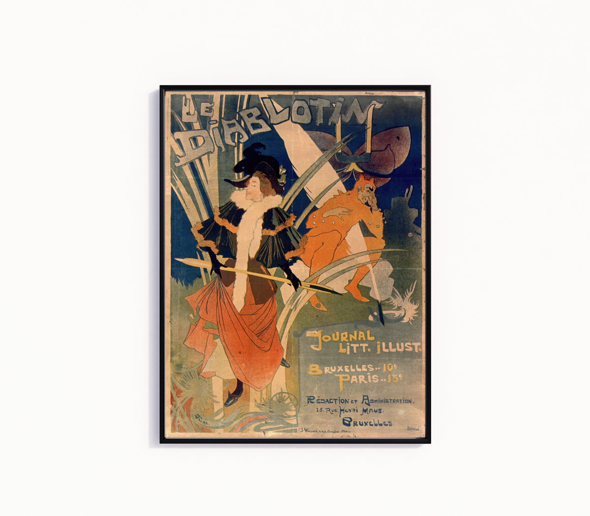 Framed art print of Le Diablotin by Georges de Feure, in a slim black frame on a plain white wall