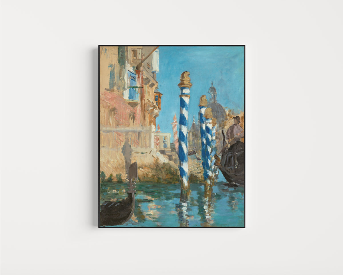 Framed art print of Le Grand Canal à Venise by Édouard Manet, in a slim black frame on a plain white wall