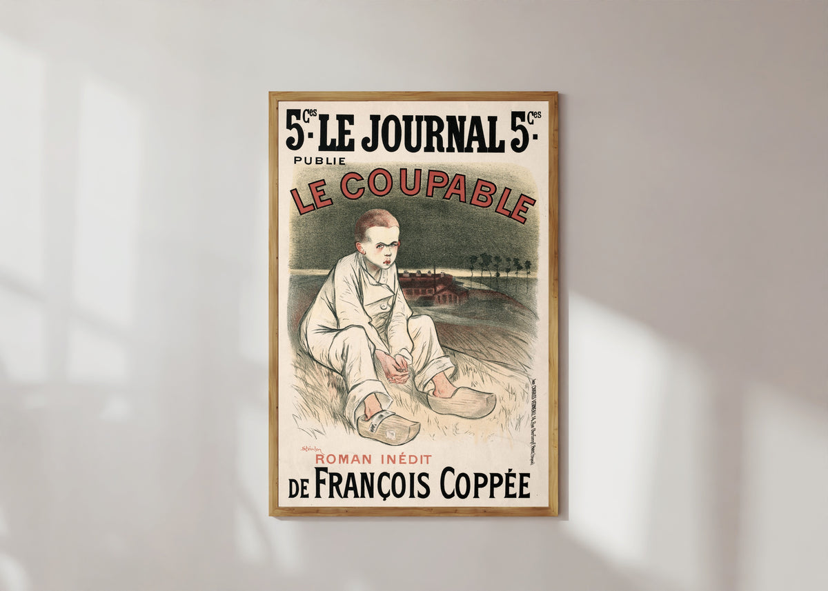 Framed art print of Le Journal: Le Coupable by Théophile Steinlen, in a light wood frame on a sunlit white wall
