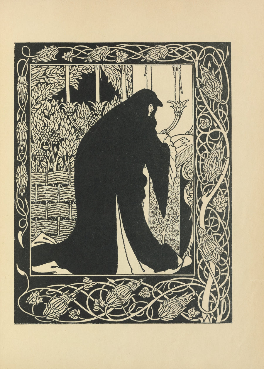 Aubrey Beardsley — Le Morte Darthur: How Queen Guenever Made Her a Nun | Art Nouveau Illustration Print shown to scale on a wall above a sofa