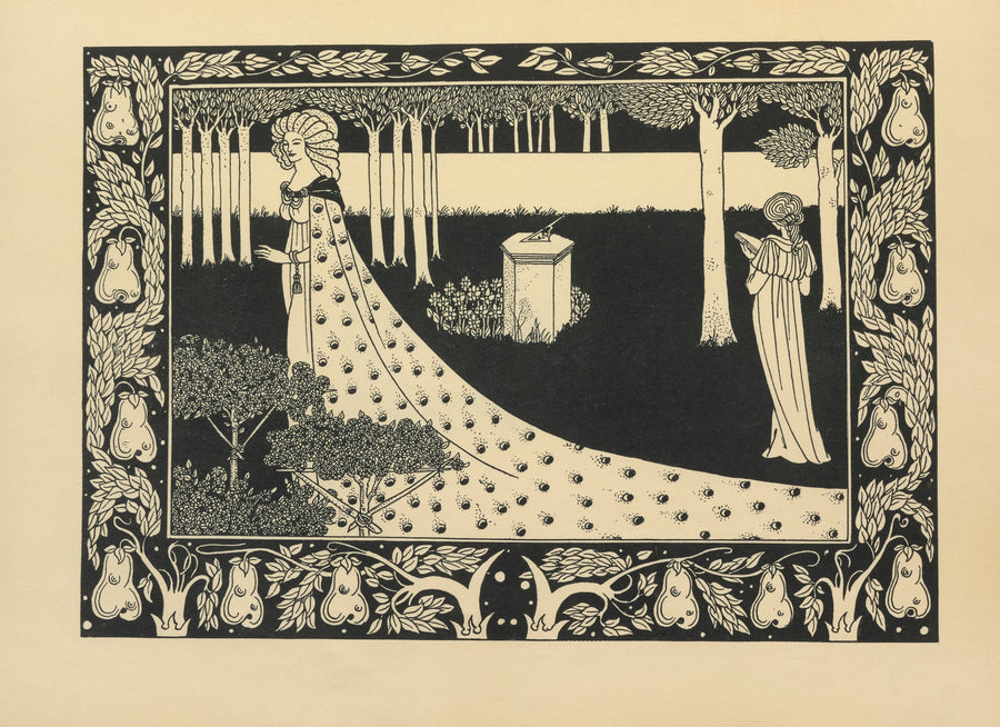Aubrey Beardsley — Le Morte Darthur: La Beale Isoud at Joyous Gard (with the Sundial) | Art Nouveau Illustration Print shown to scale on a wall above a sofa
