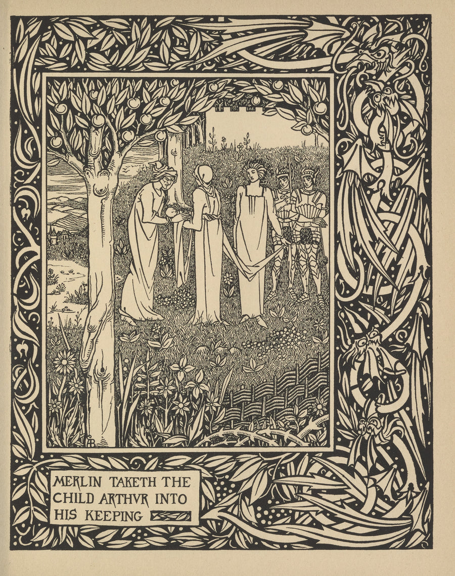 Aubrey Beardsley — Le Morte Darthur: Merlin Taketh the Child Arthur into His Keeping | Art Nouveau Illustration Print shown to scale on a wall above a sofa