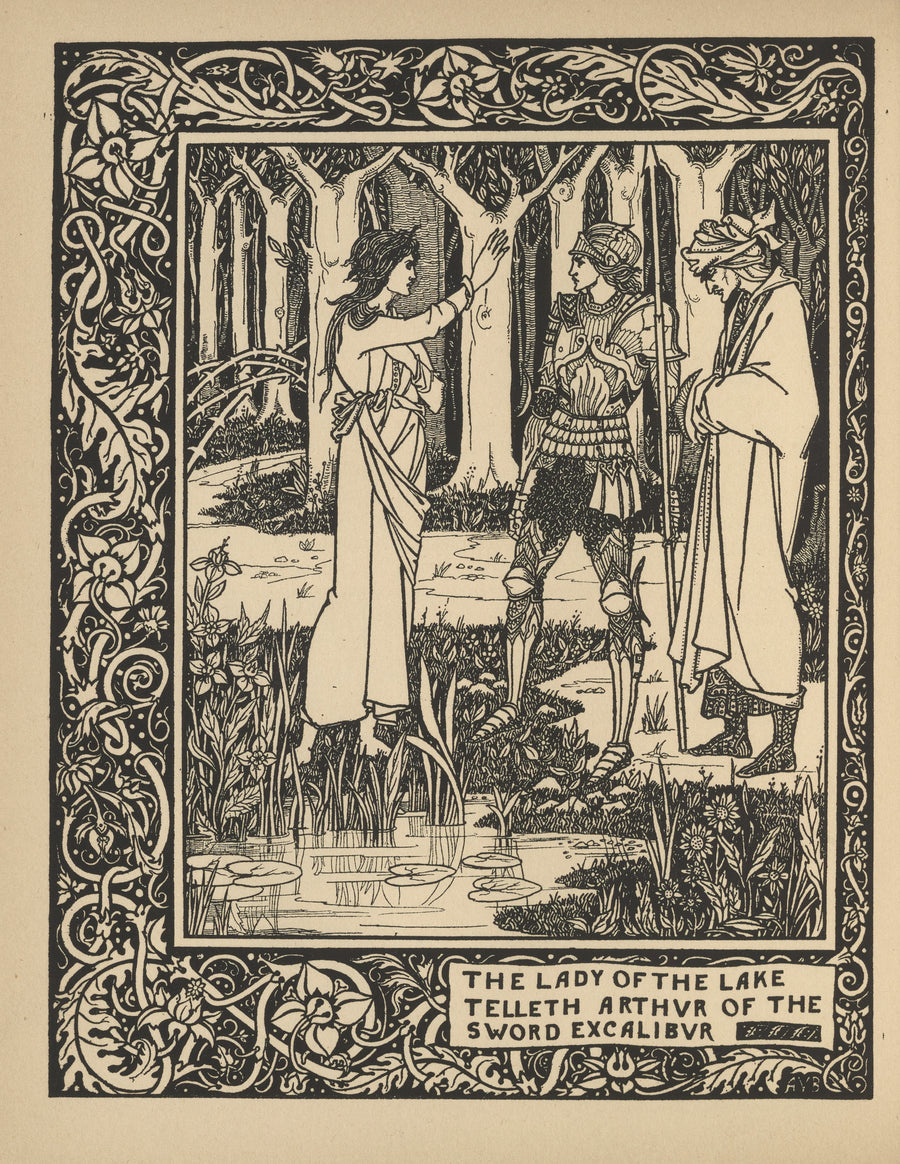 Aubrey Beardsley — Le Morte Darthur: The Lady of the Lake Telleth Arthur of the Sword Excalibur | Art Nouveau Illustration Print shown to scale on a wall above a sofa