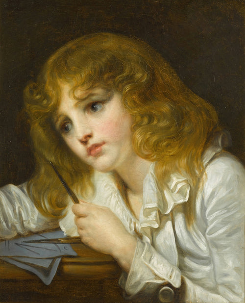 Le Petit Mathématicien by Jean-Baptiste Greuze — A wide-eyed child in a white shirt holds a thin dark rod
