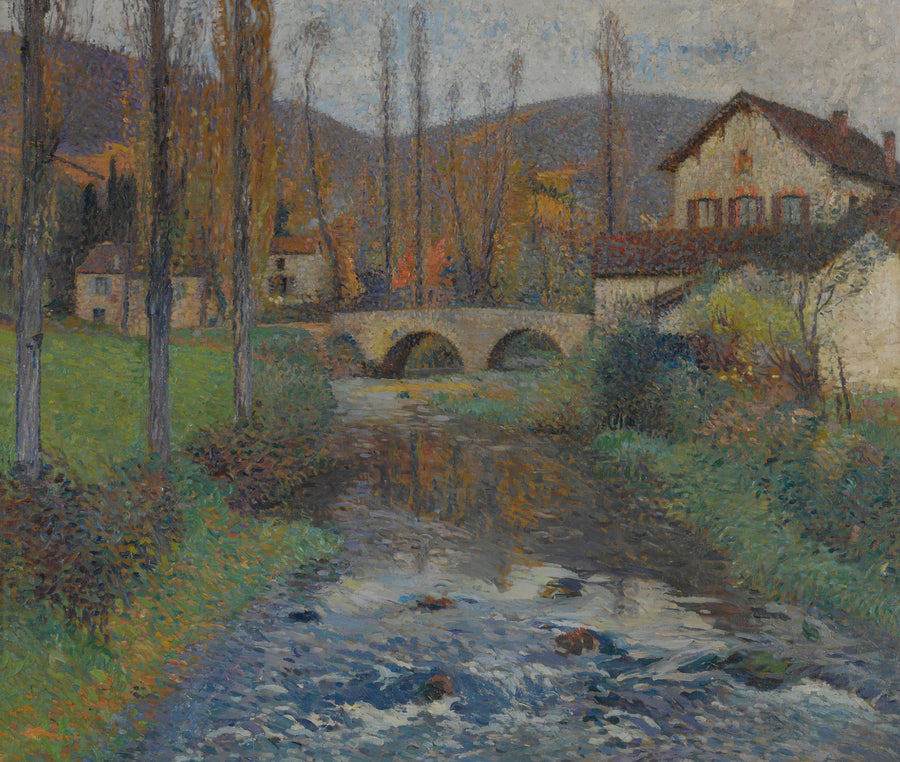 Henri Martin — Le Pont de Labastide-du-Vert (Autumn Foliage) | Pointillist Landscape Print shown to scale on a wall above a sofa