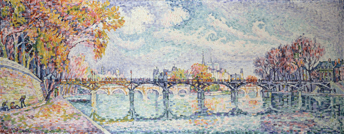 Le Pont des Arts (1928) by Paul Signac — An iron bridge arching over the Seine past autumn trees