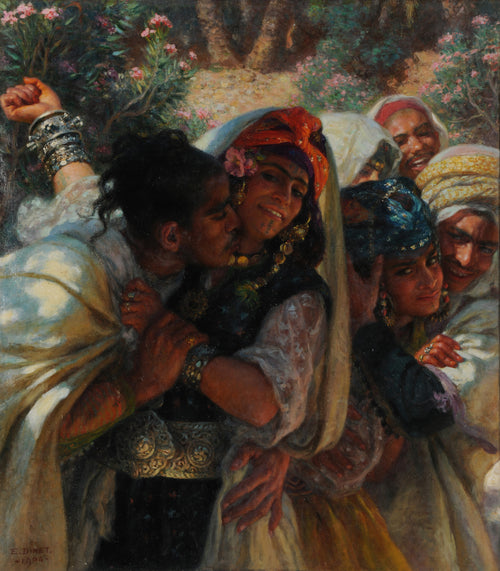 Le Printemps des coeurs by Étienne Dinet — A stolen kiss among laughing friends in an oleander garden