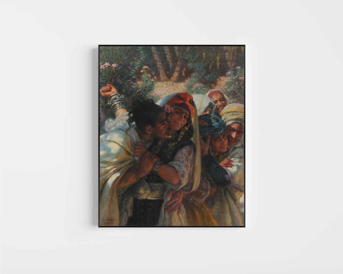 Framed art print of Le Printemps des coeurs by Étienne Dinet, in a slim black frame on a plain white wall