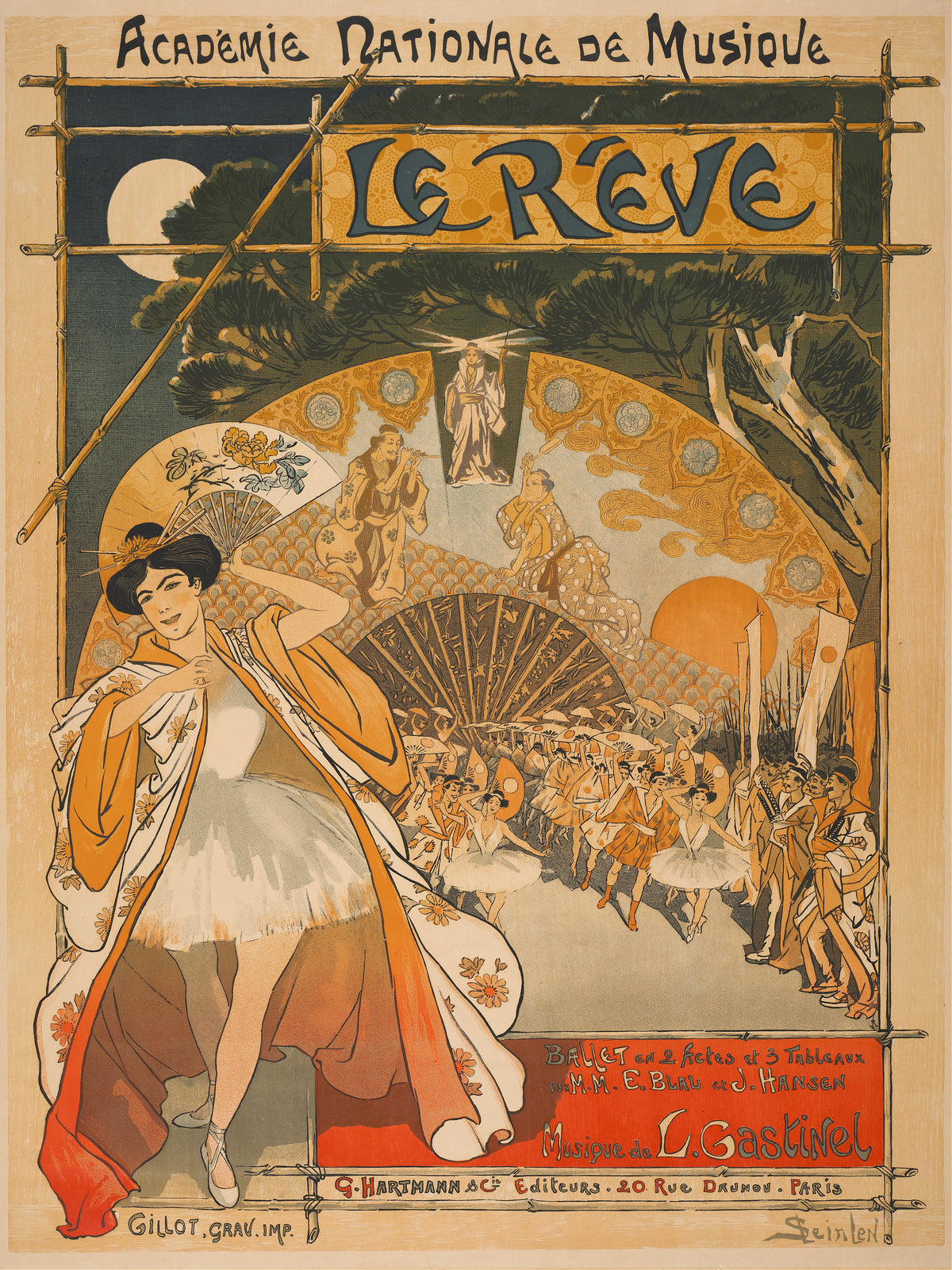 Le Rêve (Académie Nationale de Musique) by Théophile Steinlen — A ballerina in a blossom robe leads a fan dance under the moon