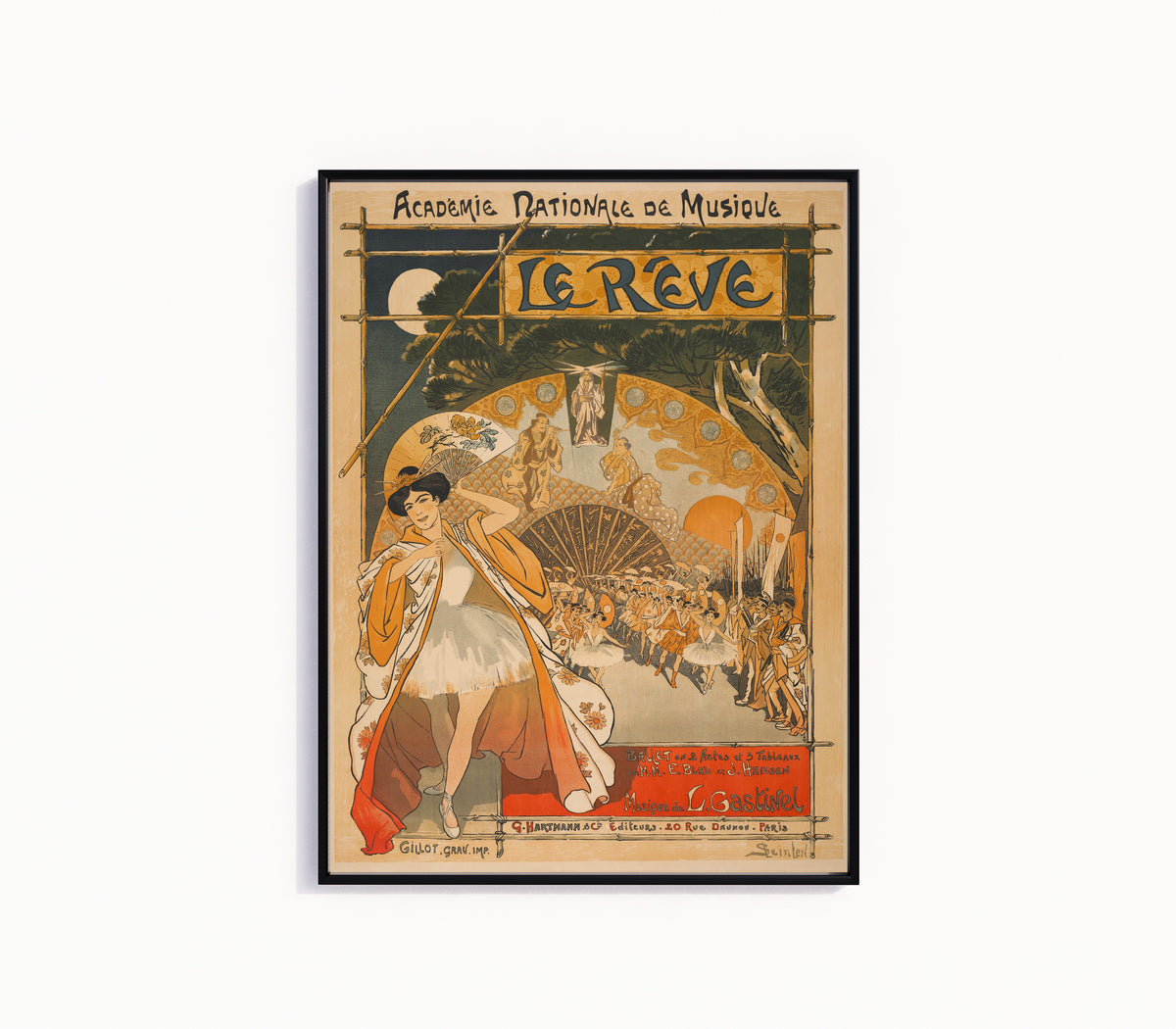 Framed art print of Le Rêve (Académie Nationale de Musique) by Théophile Steinlen, in a slim black frame on a plain white wall