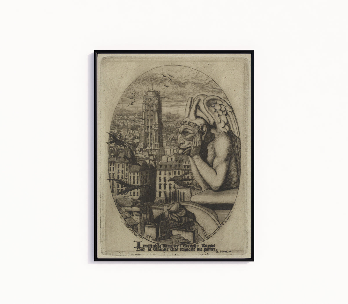 Framed art print of Le Stryge (The Vampire) by Charles Meryon, in a slim black frame on a plain white wall