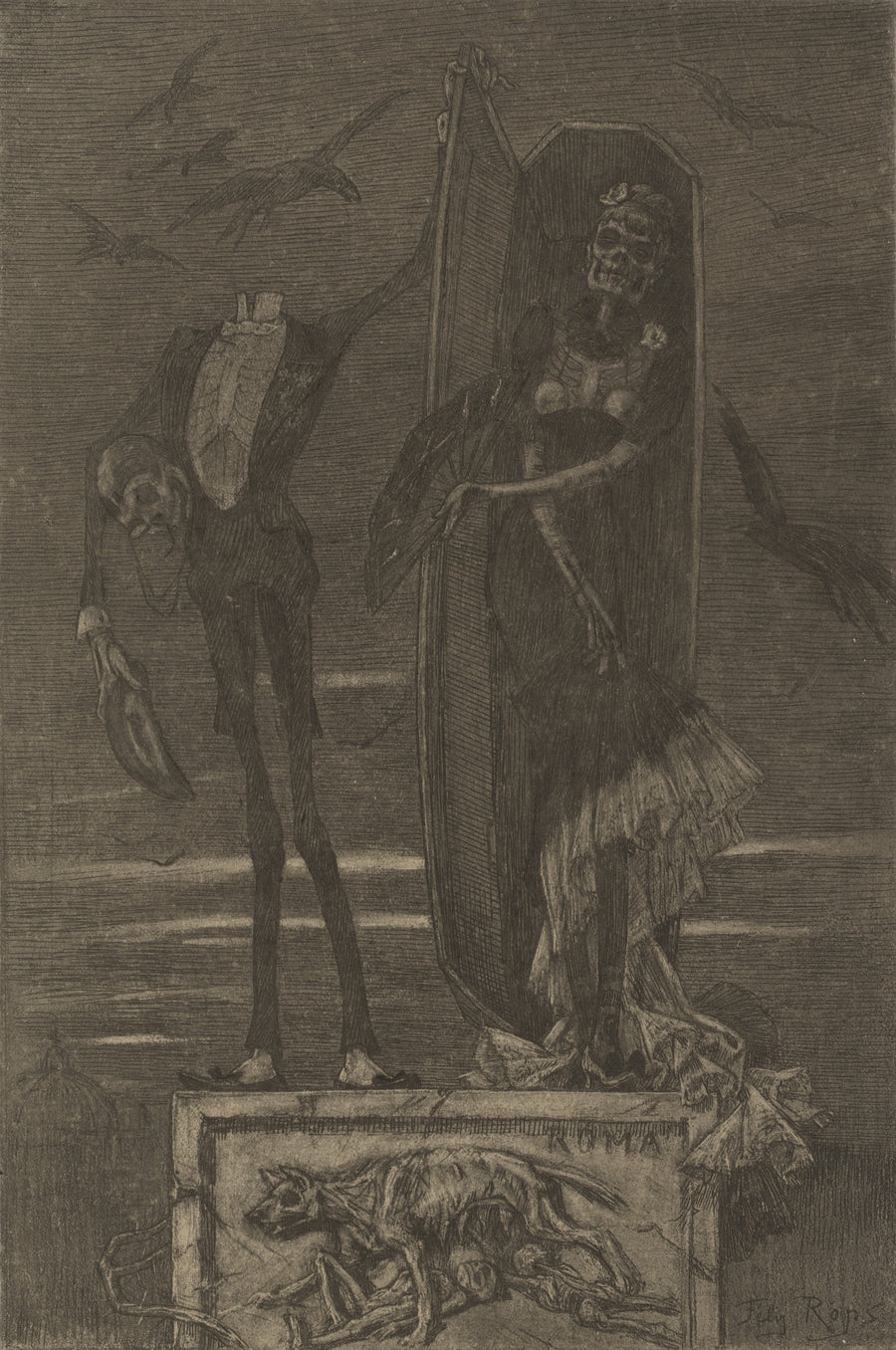 Félicien Rops — Le Vice suprême: Frontispiece | Etching Print shown to scale on a wall above a sofa
