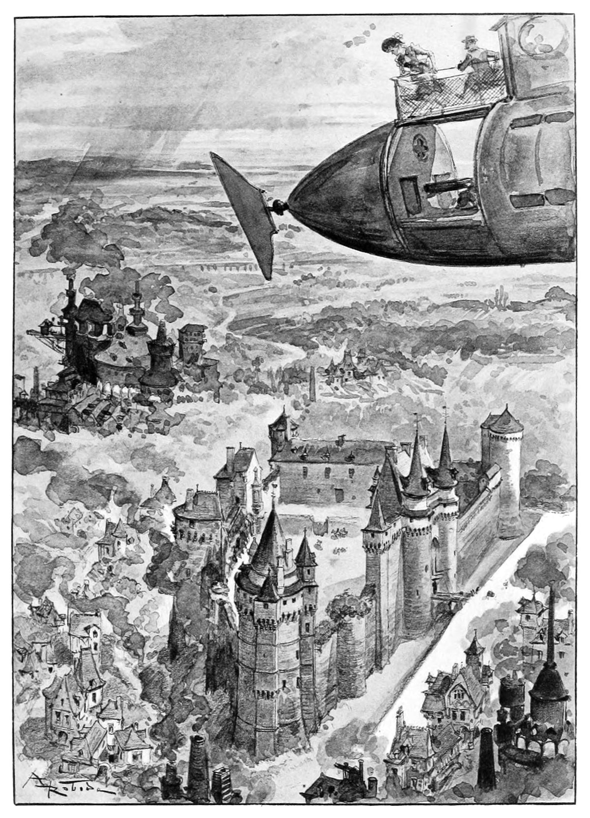Le Voyage de Fiançailles by Albert Robida — A couple lean from an airship over a castle and smoking chimneys