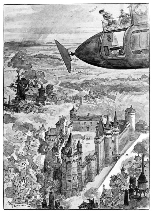 Le Voyage de Fiançailles by Albert Robida — A couple lean from an airship over a castle and smoking chimneys