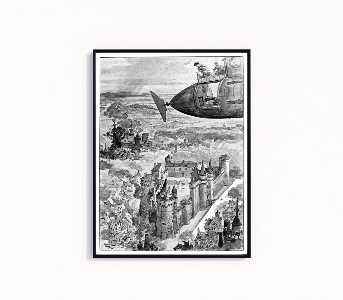 Framed art print of Le Voyage de Fiançailles by Albert Robida, in a slim black frame on a plain white wall