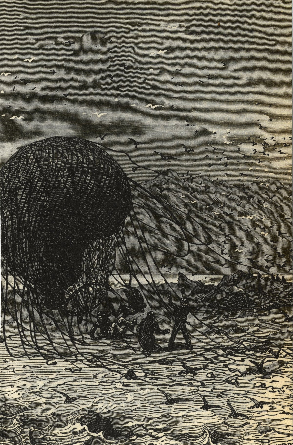 Le ballon retombait définitivement sur le sable (The balloon fell back for good onto the sand) by Jules Férat — A collapsing balloon drags its netting across a