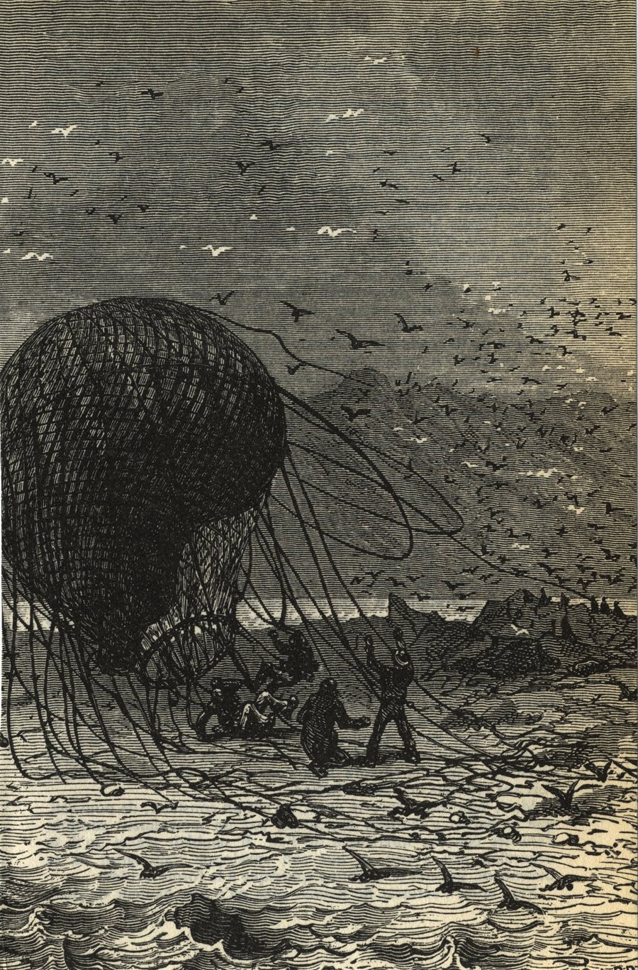 Jules Férat — Le ballon retombait définitivement sur le sable (The balloon fell back for good onto the sand) | Vintage Illustration Print shown to scale on a wall above a sofa