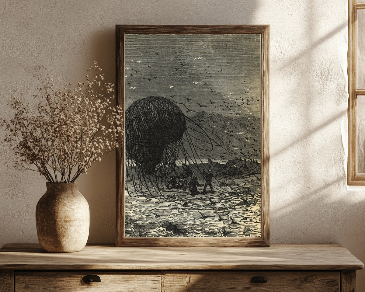 Framed art print of Le ballon retombait définitivement sur le sable (The… by Jules Férat, in a dark wood frame leaning on a rustic console beside dried flowers