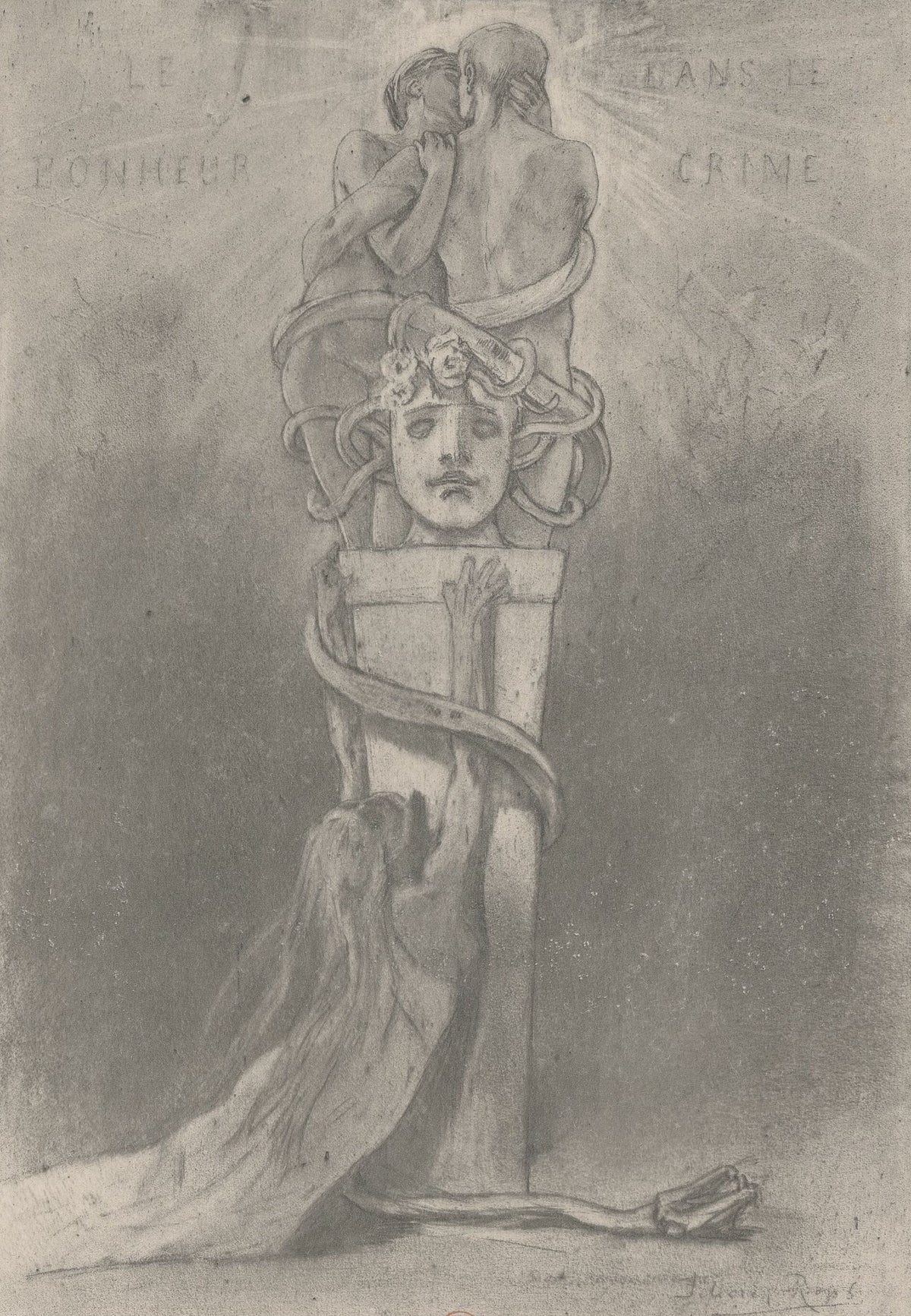 Le bonheur dans le crime (2nd state) by Félicien Rops — Two embracing lovers kiss atop a pillar coiled by a serpent
